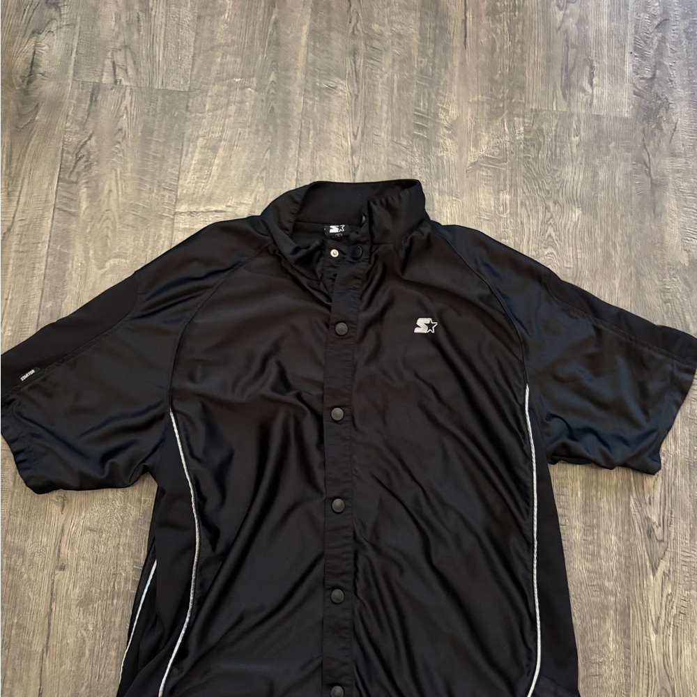 Vintage Starter Black Short Sleeve snap up Athletic Jacket Y2K
